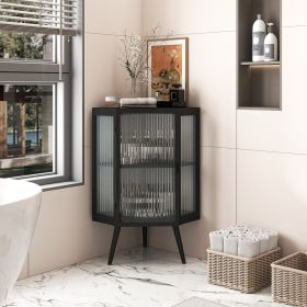 22.25 Floor Corner Cabinet With Glass Door   Shelves For Bathroom, Living Room (Color: Black)