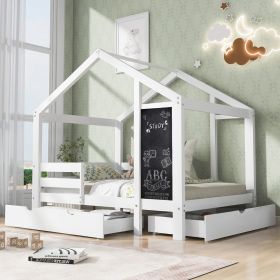 Twin House Bed With Blackboard And Drawers, Two Assembly Options, White (Color: White)