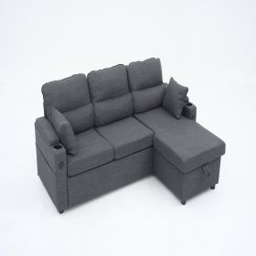 Convertible Sleeper Sofa 2 In 1, L-Shaped Couches For Living Room, Pull Out Sectional Futon Sofa Bed With Storage Space, USB Ports And Cup Holder (Option: Gray)
